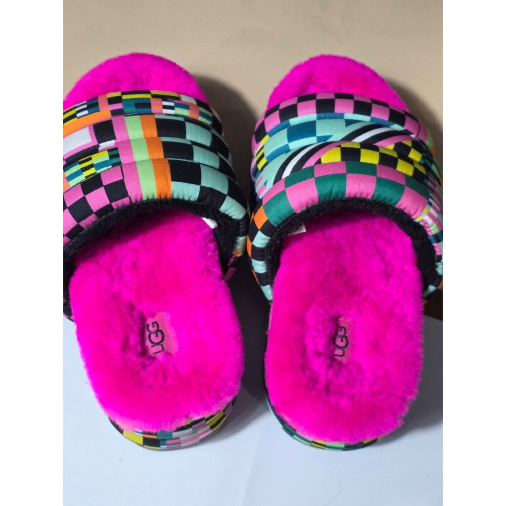 UGG Colorblock Puffy Slide Slippers Women’s Size 8 – Neon Pink Multi Color Check - Picture 5 of 8